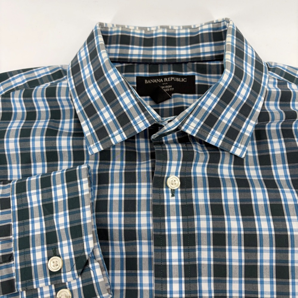 Banana Republic Mens Tailored‎ Fit Non Iron Plaid Shirt Blue Black L 16-16.5 - Picture 2 of 10